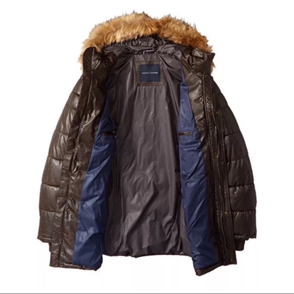 Tommy Hilfiger Leather Parka Winter Coat Fur Hood - Picture 3 of 8